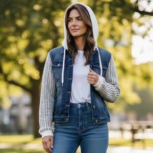 Wallflower Denim Jacket with Knit Sleeves - Blue and Gray size Large